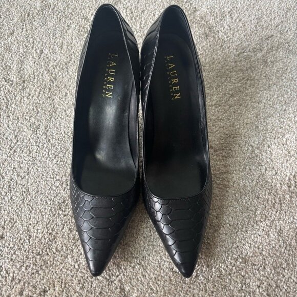 Lauren Ralph Lauren Black Snake Skin Embossed Pump Heel Pointed Toe Classy - Picture 2 of 9